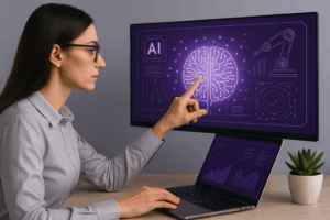 A professional woman interacts with a glowing purple AI interface on a widescreen monitor while working at a laptop, symbolizing human-centered design in artificial intelligence.
