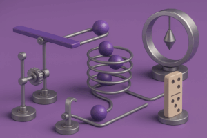 A small, metallic Rube Goldberg machine with purple and silver components, symbolizing precision, creativity, and efficiency in motion design.